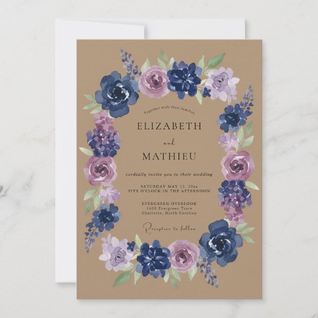 Convites Casamento com Flores Botânicas Lilás Navy (Frente)