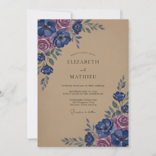 Convites Casamento com Flores Botânicas Navy Rose