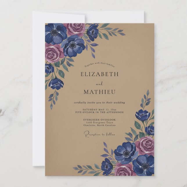 Convites Casamento com Flores Botânicas Navy Rose (Frente)
