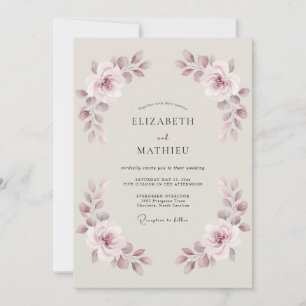Convites Casamento com Flores Botânicas Rosa Desbotado