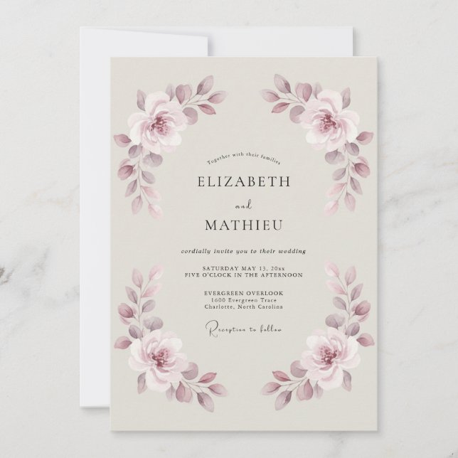 Convites Casamento com Flores Botânicas Rosa Desbotado (Frente)