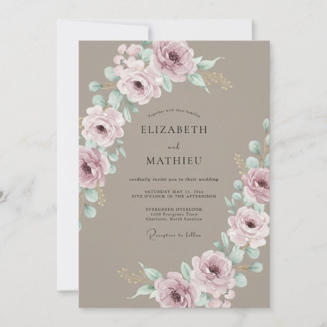 Convites Casamento com Flores Botânicas Rosa Empoeirada (Frente)