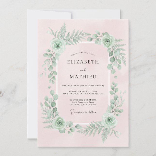 Convites Casamento com Flores Botânicas Rosa Pálido (Frente)