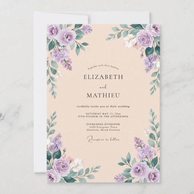 Convites Casamento com Flores Botânicas Roxas Empoeiradas (Frente)