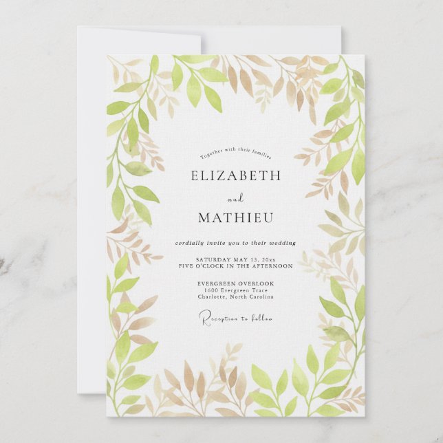 Convites Casamento com Flores Botânicas Verde Pálido (Frente)