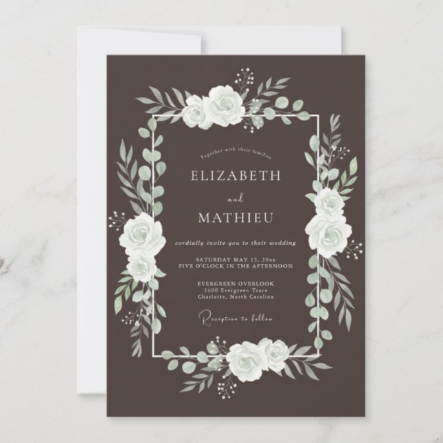 Convites Casamento com Flores Brancas Castanhas e Floreios (Frente)