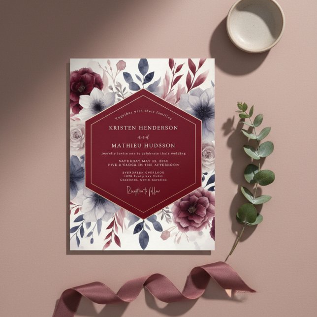 Convites Casamento com Flores Burgundy Etéreas (Criador carregado)