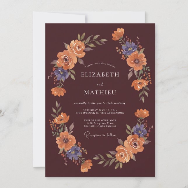 Convites Casamento com Flores Burgundy Outonais (Frente)