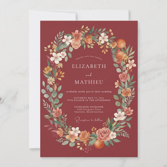 Convites Casamento com Flores Burgundy Pintadas (Frente)