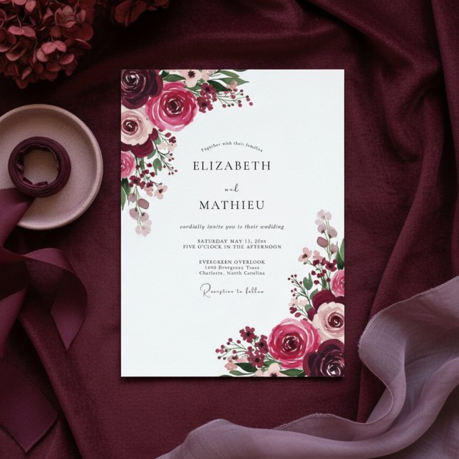 Convites Casamento com Flores Burgundy Românticas e Exubera (Criador carregado)