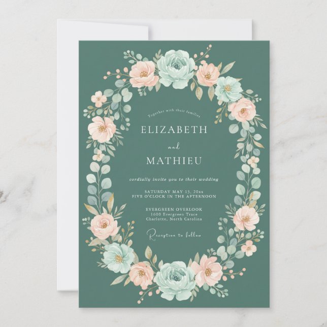 Convites Casamento com Flores Cor-de-Rosa e Azul Turquesa (Frente)