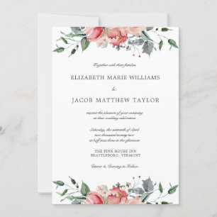 Convites Casamento com Flores Cor-de-Rosa e Caligrafia Eleg
