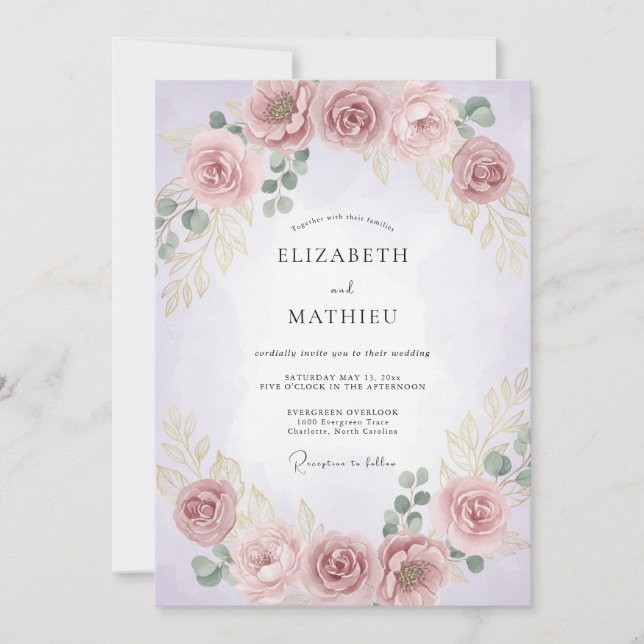 Convites Casamento com Flores Cor-de-Rosa Pálido em Abundân (Frente)