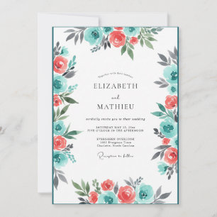 Convites Casamento com Flores Coral e Turquesa Pintados à M