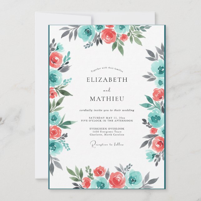 Convites Casamento com Flores Coral e Turquesa Pintados à M (Frente)