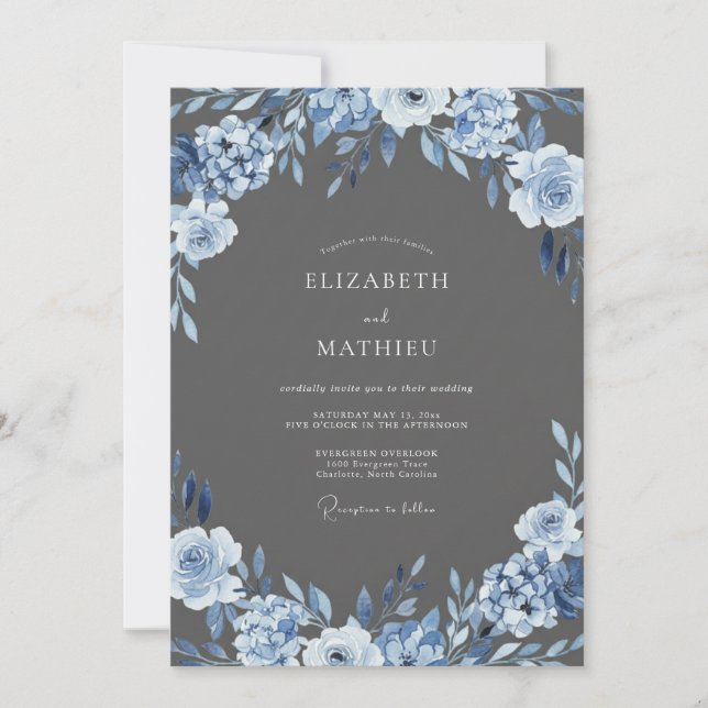 Convites Casamento com Flores de Arco Azul Desbotado e Enfe (Frente)