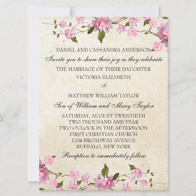 Convites Casamento com Flores de Cerejeira Japonesa Rosa (Frente)
