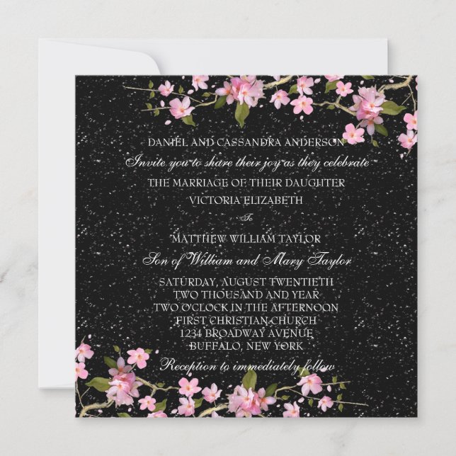 Convites Casamento com Flores de Cerejeira Japonesa Rosa (Frente)