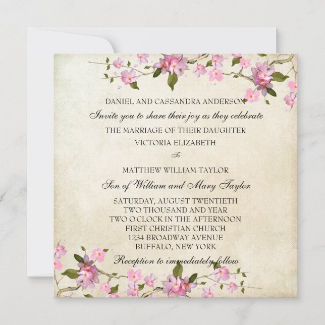 Convites Casamento com Flores de Cerejeira Japonesa Rosa (Frente)