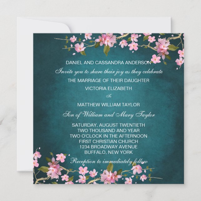 Convites Casamento com Flores de Cerejeira Japonesa Rosa Ja (Frente)