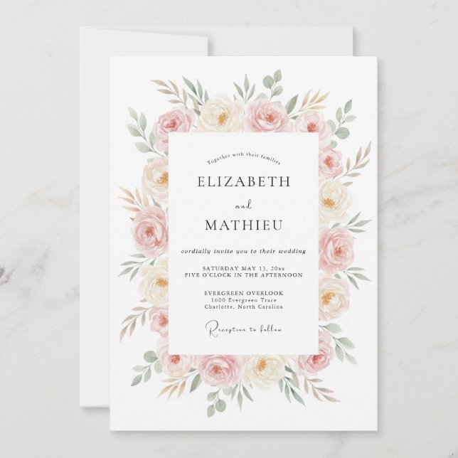 Convites Casamento com Flores de Champagne Rosadas (Frente)