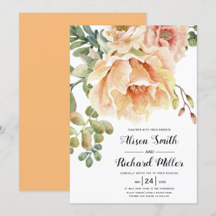 Convites Casamento com flores de coral de pêssego aquarela