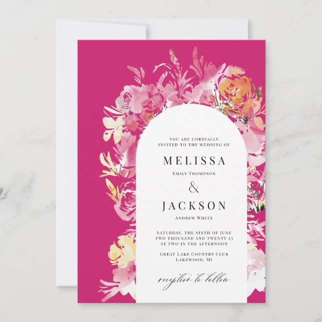 Convites Casamento com Flores de Flores de Fuchia Rosa e Bl (Frente)