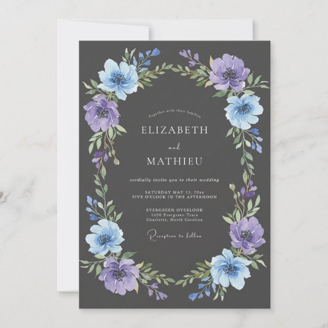Convites Casamento com Flores de Lavanda Azul e Floreio (Frente)