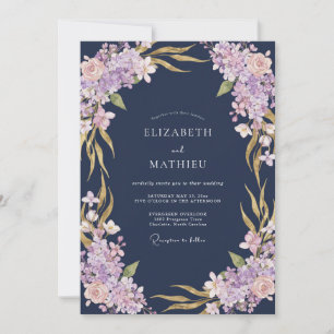 Convites Casamento com Flores de Lavanda Azul-Marinho