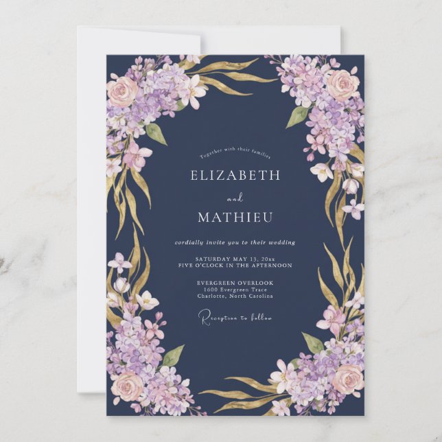 Convites Casamento com Flores de Lavanda Azul-Marinho (Frente)