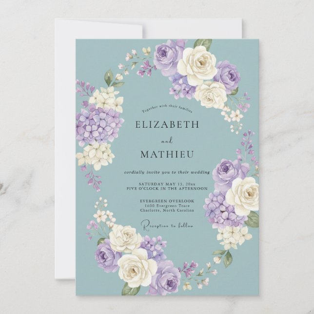 Convites Casamento com Flores de Lavanda Azul Pintadas à Mã (Frente)