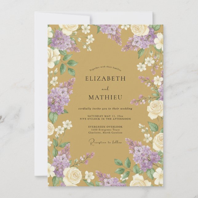 Convites Casamento com Flores de Lilás Exuberantes (Frente)