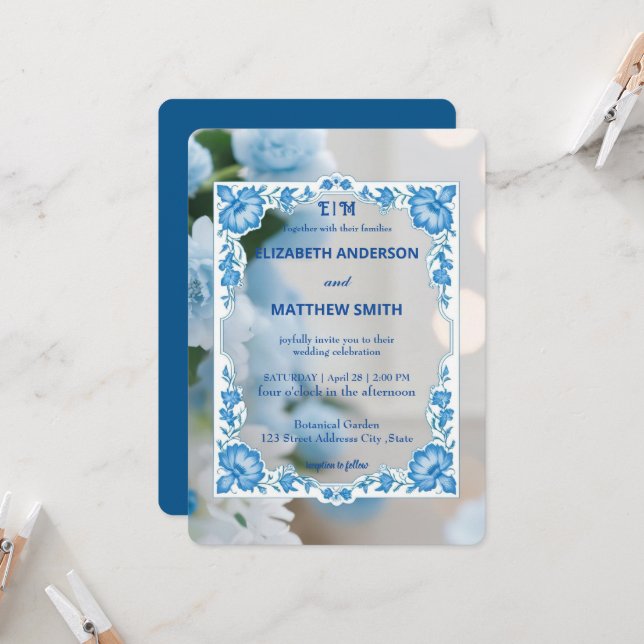 Convites Casamento com flores de monograma clássico de Eleg (Frente/Verso In Situ)