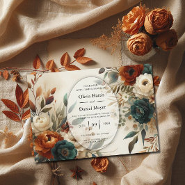 Convites Casamento com Flores de Outono em Laranja Queimada