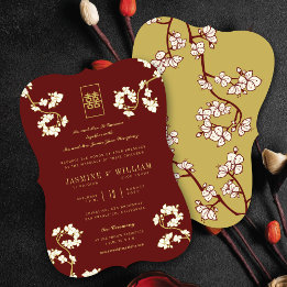 Convites Casamento com Flores de Pêssego/Ameixa Dupla Felic