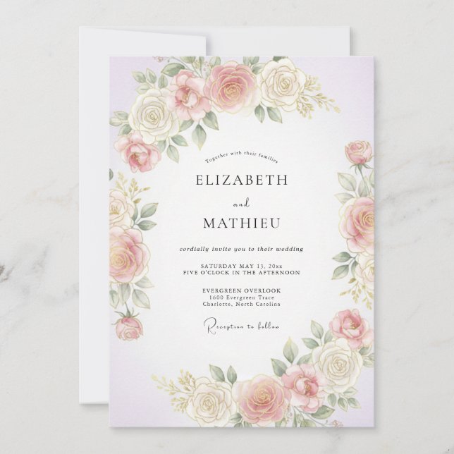 Convites Casamento com Flores de Pêssego Pálido em Abundânc (Frente)