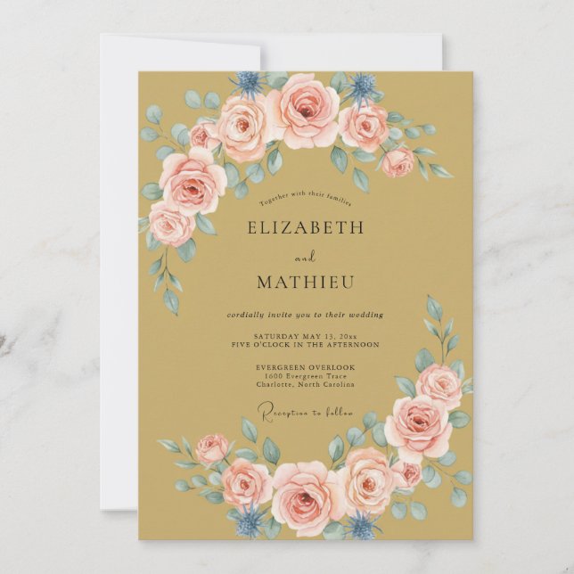 Convites Casamento com Flores de Pêssego Pintadas (Frente)