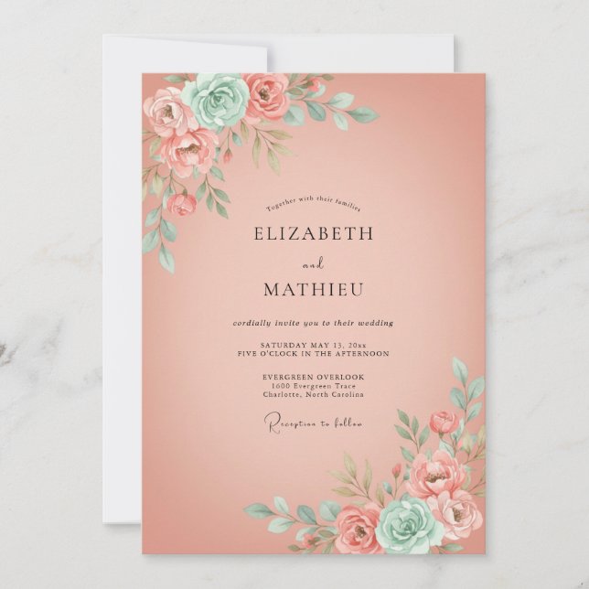 Convites Casamento com Flores de Pêssego Romântico e Florea (Frente)