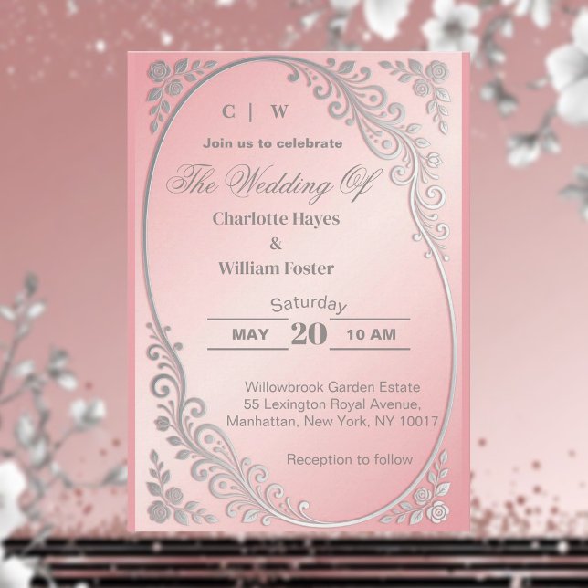 Convites Casamento com Flores de Prata e Brilho Metálico Ro (Blush Pink Metallic Glitter Silver Florals Wedding Invitation)