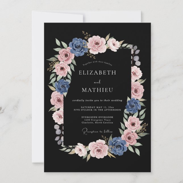Convites Casamento com Flores de Rosa Azul Empoeirado (Frente)