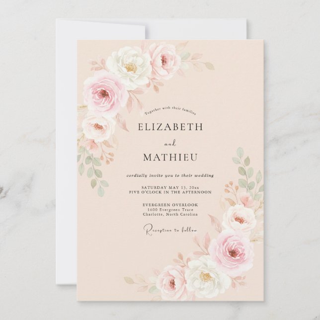 Convites Casamento com Flores de Rosa Suave Pêssego (Frente)