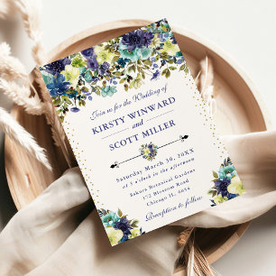 Convites Casamento com Flores de Verão Azuis e Navy