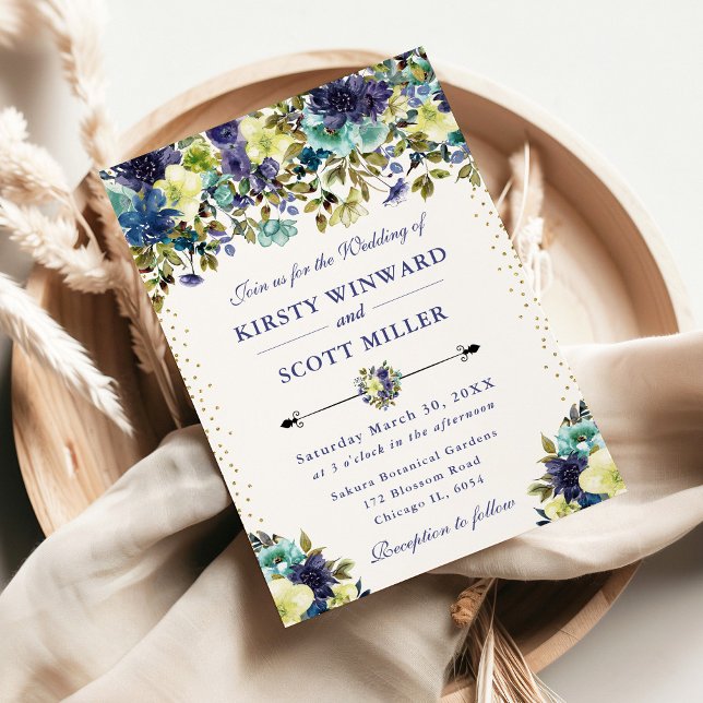 Convites Casamento com Flores de Verão Azuis e Navy (Criador carregado)