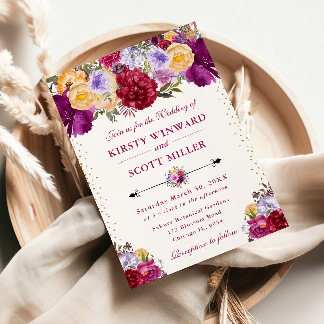 Convites Casamento com Flores de Verão Roxas e Vermelhas (Criador carregado)