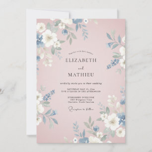 Convites Casamento com Flores Delicadas em Azul Poeirento