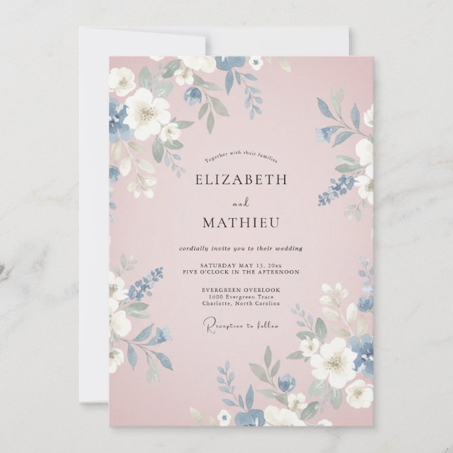 Convites Casamento com Flores Delicadas em Azul Poeirento (Frente)