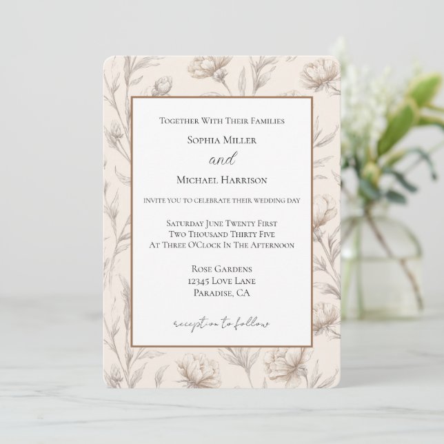 Convites Casamento com Flores Desenhadas em Creme (Em pé/Frente)