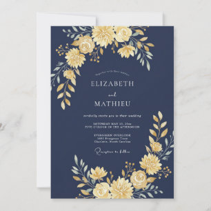 Convites Casamento com Flores Douradas da Marinha