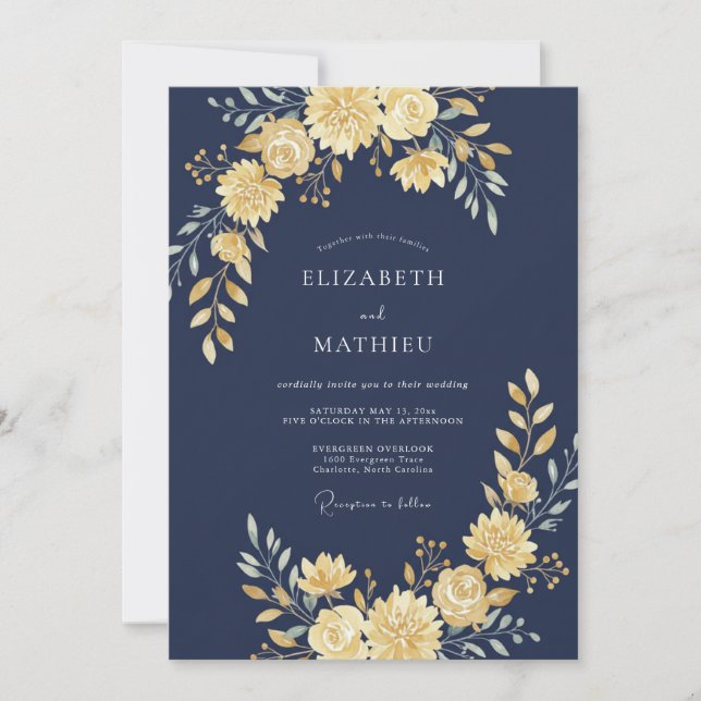 Convites Casamento com Flores Douradas da Marinha (Frente)