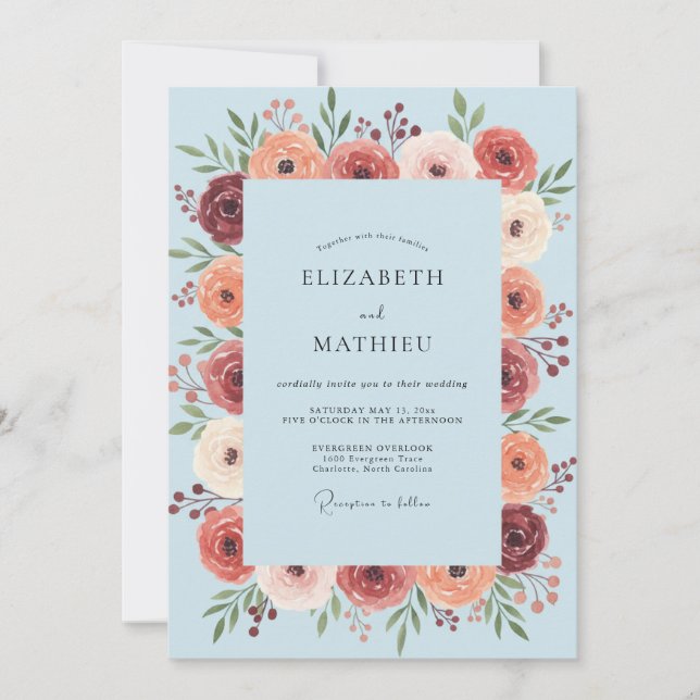 Convites Casamento com Flores em Azul Claro (Frente)